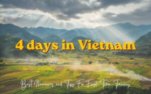 Travel cover image for “4 days in Vietnam,” featuring a panoramic view of terraced rice fields in northern Vietnam, layered mountain ranges, dramatic sun rays breaking through dark clouds, and overlay text reading “4 days in Vietnam” and “Best Itineraries and Tips for First Time Travelers.”