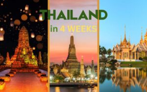 A month in Thailand: Thailand in 4 weeks travel cover featuring iconic Thai temples at night and sunset, showcasing cultural heritage and classic architecture across the country