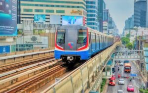 BTS Skytrain arriving at Asoke station in Bangkok