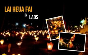 Lai Heua Fai - Laos with Colorful lantern boats and candles floating on the Mekong River.