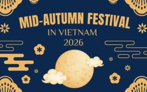 Mid-Autumn Festival in Vietnam 2026 illustration with full moon, clouds and traditional decorative patterns on dark blue background