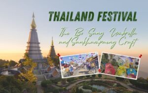 A promotional image for "The Bo Sang Umbrella and Sankhampaeng Craft Festival" in Thailand, featuring a large background photo of a golden-tipped pagoda/stupa on a mountain, and two smaller photos showing festival scenes with streets decorated with colorful umbrellas and paper crafts.