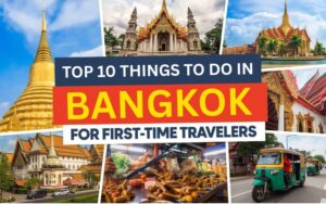 Collage showing temples, street food, tuk tuk, shopping malls, and landmarks representing the best things to do in Bangkok for first-time travelers